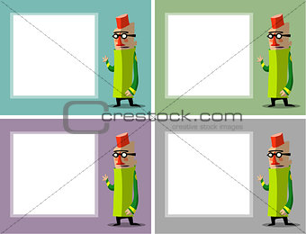 funny cartoon character with glasses and fez in front of poster 