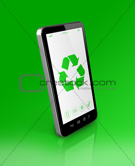 Smartphone with a recycling symbol on screen. ecological concept