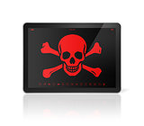 Tablet PC with a pirate symbol on screen. Hacking concept