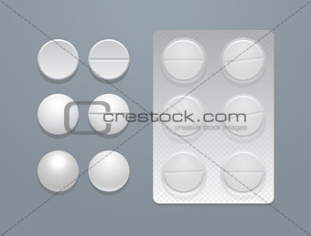Vector white round pills and blister pack 