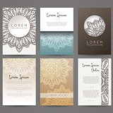 Set of vector design templates. Brochures in random colorful style. Vintage frames and backgrounds. Flower, mandala design.