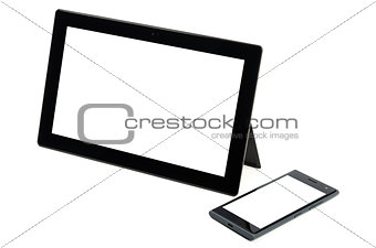 Modern black tablet with cell phone isolated
