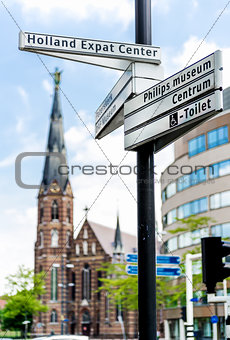 Street sign of Eindhoven landmarks. Netherlands