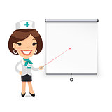 Lady Doctor with Laser Pointer Presenting Projector Screen