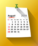 Flat design calendar for august 2016 on sticky