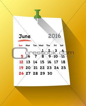 Calendar for june 2016 on orange sticky