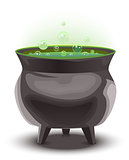 Green magic potion in cauldron. Boiling pot. Halloween accessory object