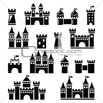 Castle, towers vector icons set