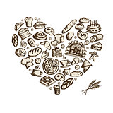 Bakery concept, love heart, sketch for your design