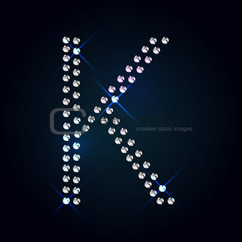 Gems K letter. Shiny diamond font.
