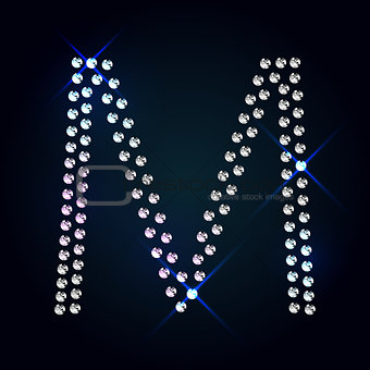 Gems M letter. Shiny diamond font.