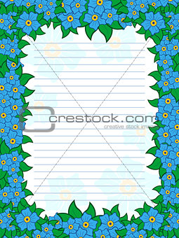 Sheet of notepad with floral frame in blue hues