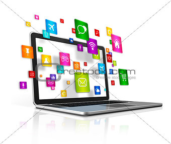 flying apps icons and laptop Computer isolated on a white backgr