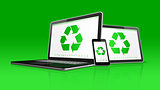 Laptop tablet PC and smartphone with a recycle symbol on screen.