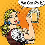girl waitress with beer says we can do it