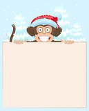 Christmas monkey holding white banner. Monkey symbol 2016. Xmas.