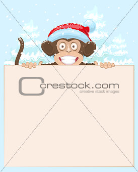 Christmas monkey holding white banner. Monkey symbol 2016. Xmas.