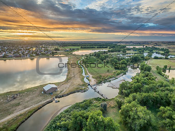 sunrise over Poudre River - aerial view