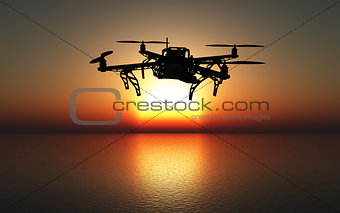 3D drone flying above a sunset sea