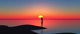 3D female standing against the sun setting by the sea