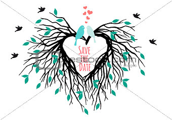 heart wedding tree with birds, vector