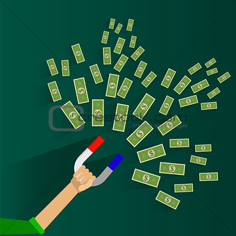 Attracting investments concept. Money business success dollar magnet. Vector illustration