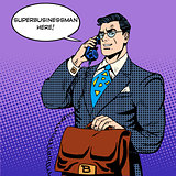 Super businessman hero talking phone success finance