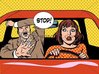 stop woman driver driving school panic calm