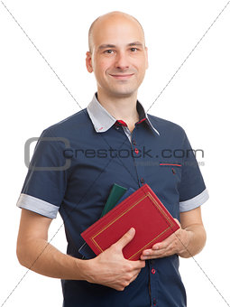 young bald man with books