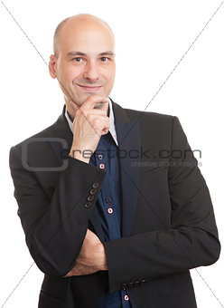 bald man in black suit thinking