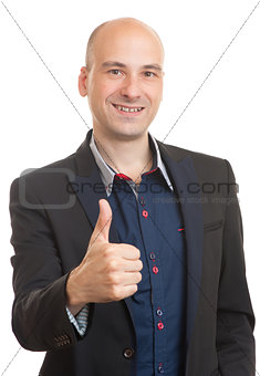 happy bald businessman shows thumbs up