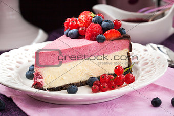 Portion of delicious raspberry cheesecake 