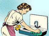 woman cleans kitchen sink cleanliness housewife housework comfor