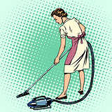 Woman vacuuming the room housewife housework comfort