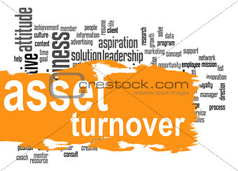 Asset turnover word cloud with orange banner