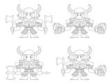 Dwarfs with beer mugs and axes, outline