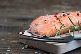 Raw Salmon Fish Fillet with Fresh Herbs
