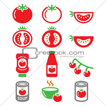 Red tomato, ketchup, tomato soup icons set