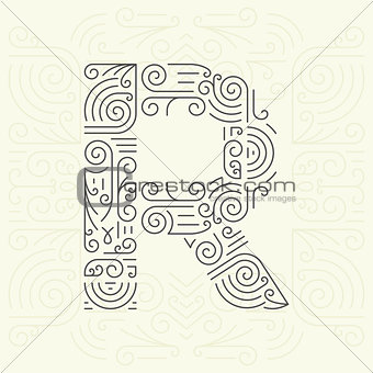 Vector Mono Line style Geometric Font Your for Text, Slogan, Template or Advertising. Golden Monogram Design element for Labels and Badges. Letter R