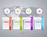 Timeline Infographic with diagrams, data options and text. World Map. Icons