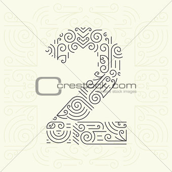 Vector Mono Line style Geometric Font for Your Text. Golden Monogram Design element for Labels and Badges. Number 2