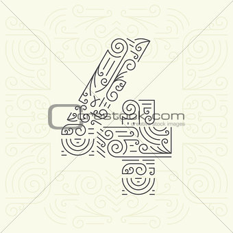 Vector Mono Line style Geometric Font for Your Text. Golden Monogram Design element for Labels and Badges. Number 4