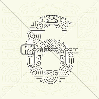 Vector Mono Line style Geometric Font for Your Text. Golden Monogram Design element for Labels and Badges. Number 6