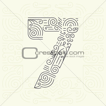 Vector Mono Line style Geometric Font for Your Text. Golden Monogram Design element for Labels and Badges. Number 7
