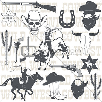 Set of wild west cowboy designed elements