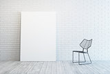 white room with blank picture and chair