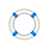Life buoy in white and blue design with rope around