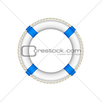 Life buoy in white and blue design with rope around