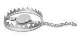 Bear trap with chain on white, close-up view