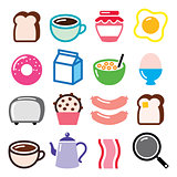 Breakfast food vector icons set - toast, eggs, bacon, coffee